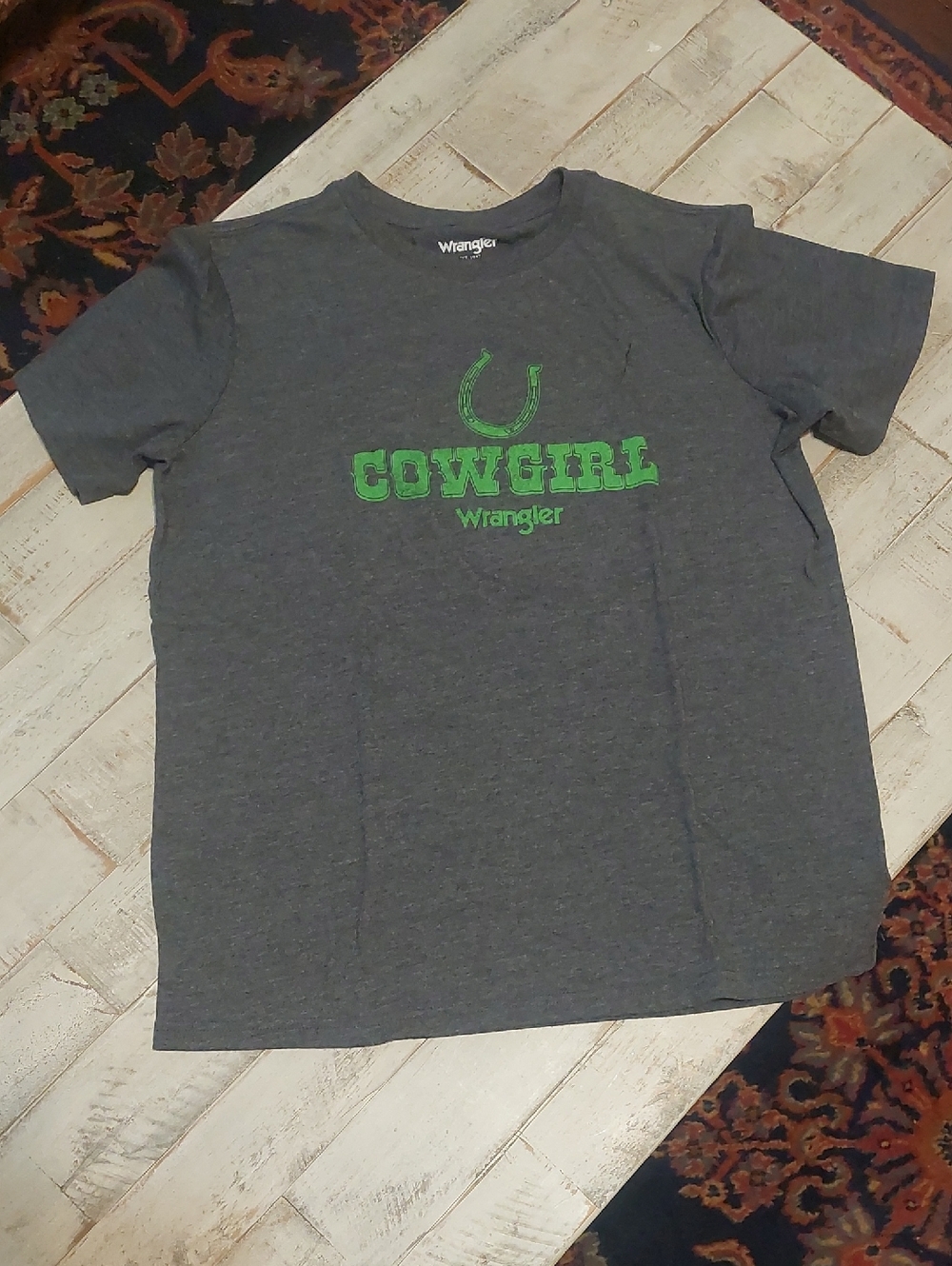 Wrangler Gray Tee with Green Cowgirl Graphic